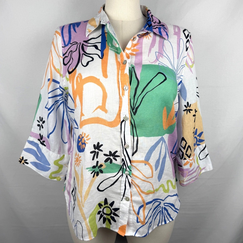 Chicos Surreal Linen Button Down Shirt Size Large Art To Wear Coastal Grandma - Picture 4 of 9